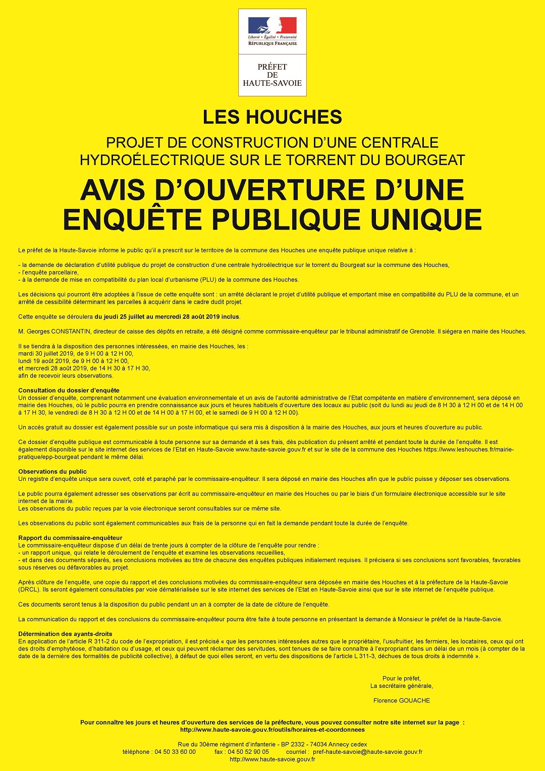 OUVERTURE D'UNE ENQUÊTE PUBLIQUE POUR LE PROJET DE CONSTRUCTION D'UNE CENTRALE HYDROÉLECTRIQUE SUR LE TORRENT DU BOURGEAT