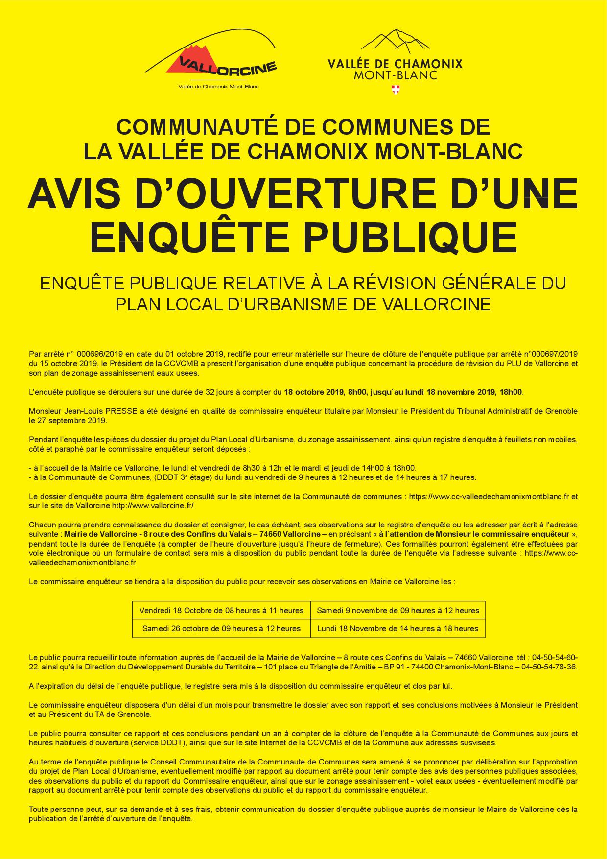 ENQUETE PUBLIQUE POUR LA REVISION DU PLU DE VALLORCINE DU 18 OCTOBRE AU 18 NOVEMBRE 2019