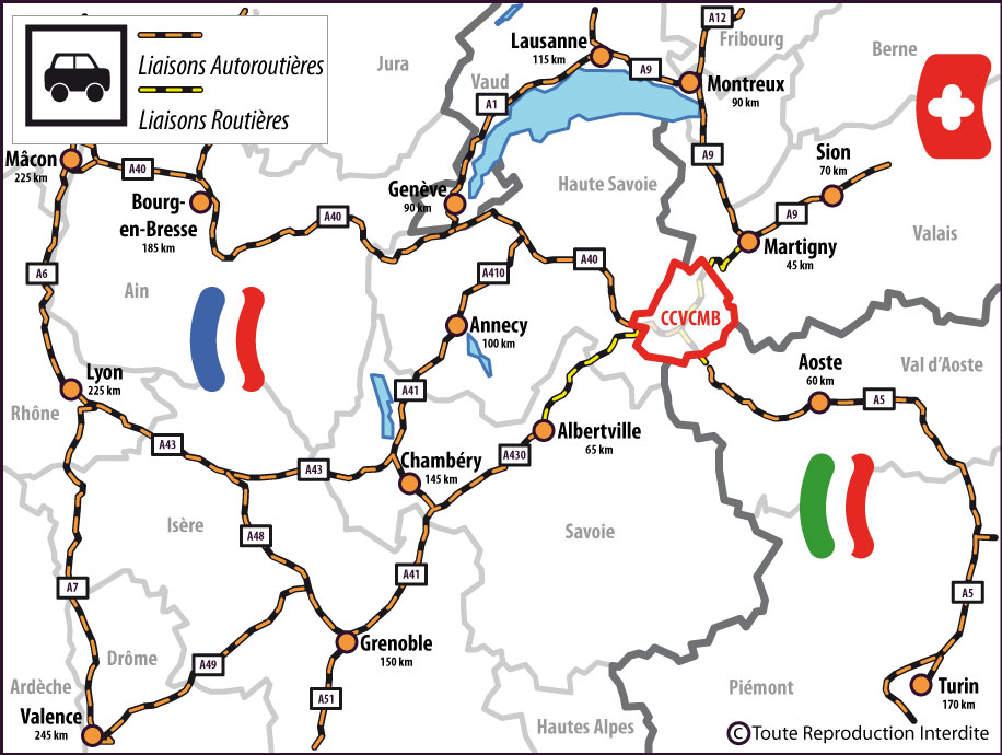 Carte de localisation des liaisons routières à proximité de la Communauté de Communes de la Vallée de Chamonix-Mont-Blanc
