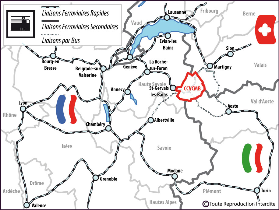 Carte de localisation des gares ferroviaires à proximité de la Communauté de Communes de la Vallée de Chamonix-Mont-Blanc