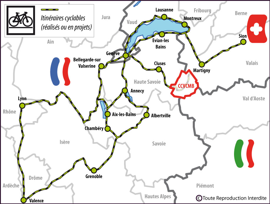 Carte de localisation des itinéraires cyclables à proximité de la Communauté de Communes de la Vallée de Chamonix-Mont-Blanc
